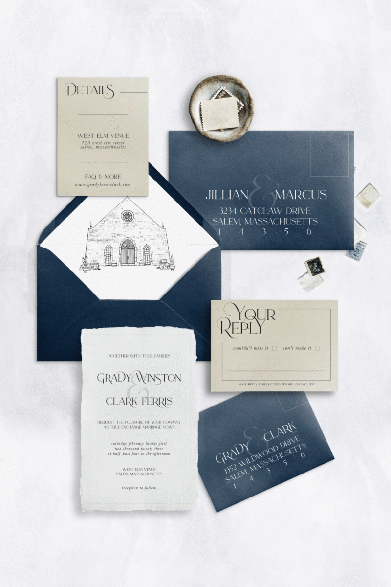 Handmade Paper Invitation with Navy Envelope | Sand & Stone