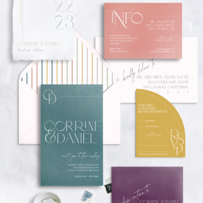 color blocked wedding invite in pink, teal, yellow and purple