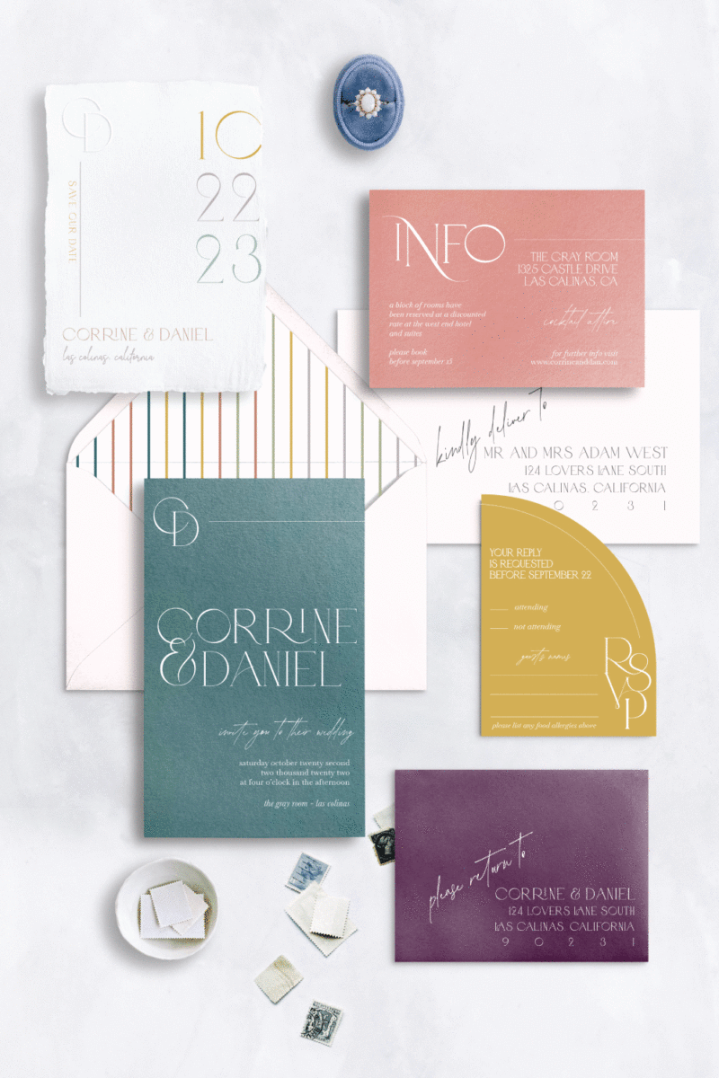 color blocked wedding invite in pink, teal, yellow and purple