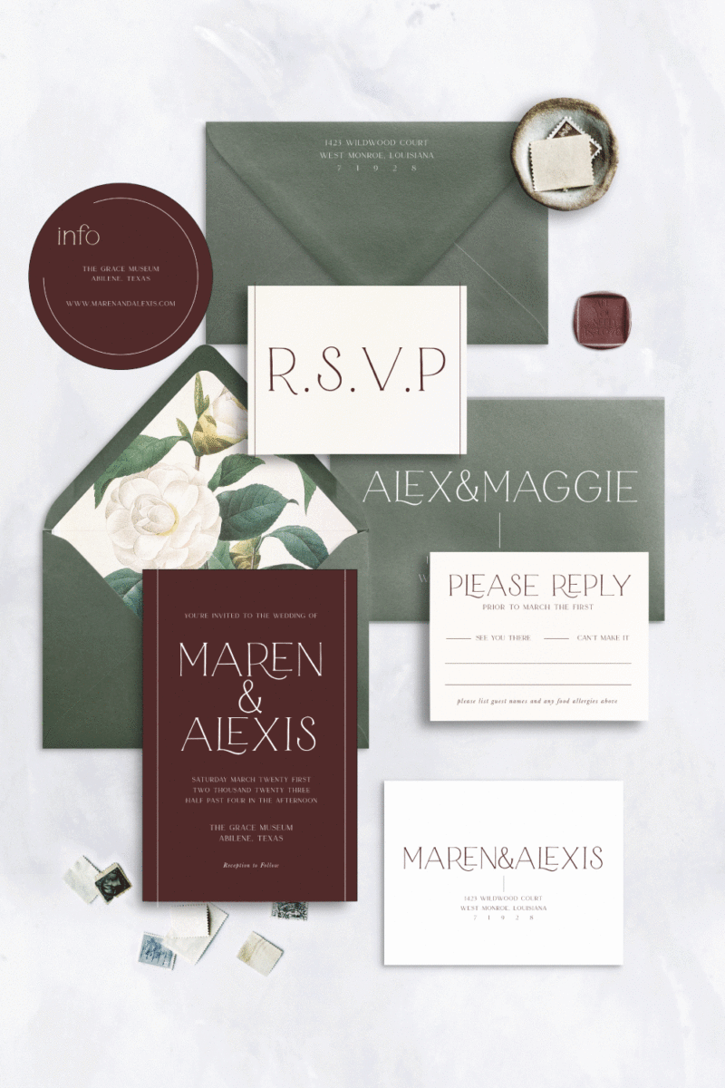 burgundy and sage green wedding invitation with maroon wax seal
