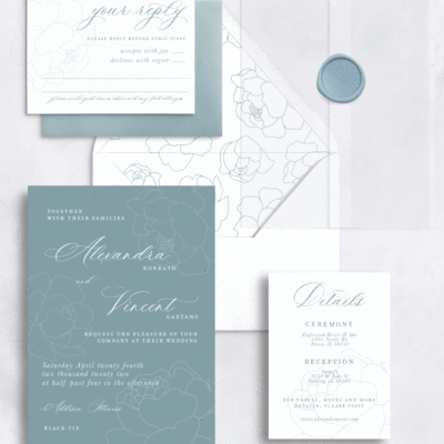 Dusty blue wedding invitations with peony flower details